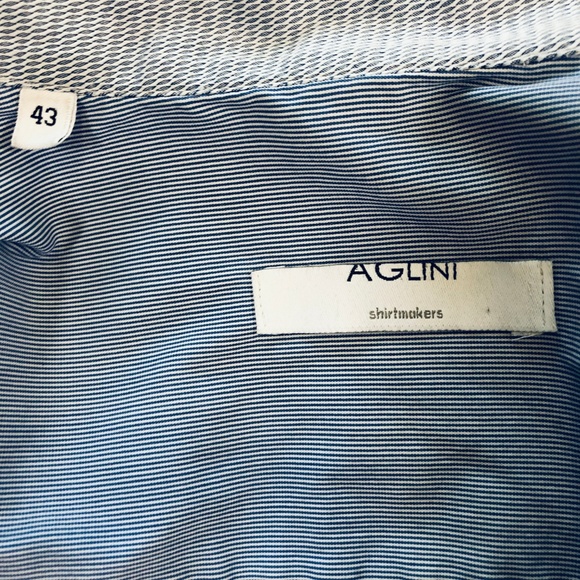 Aglini Italian Blue Striped Mandarin Shirt XL 17 - Picture 5 of 7